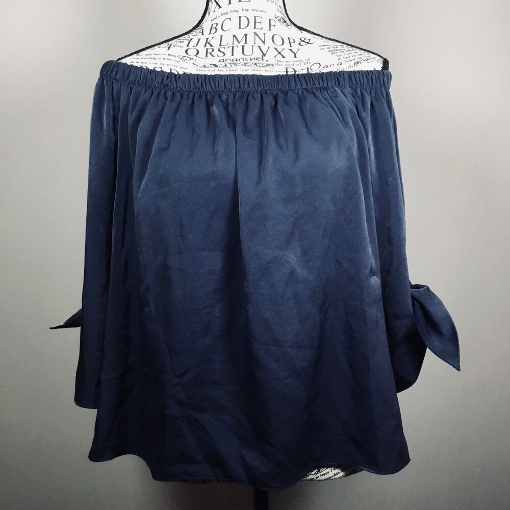 Dark blue shiny silk feel on off shoulder top 3/4 tie sleeve dark feminine M